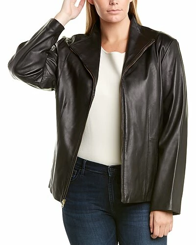 Cole Haan Plus Zip Front Leather Jacket Women